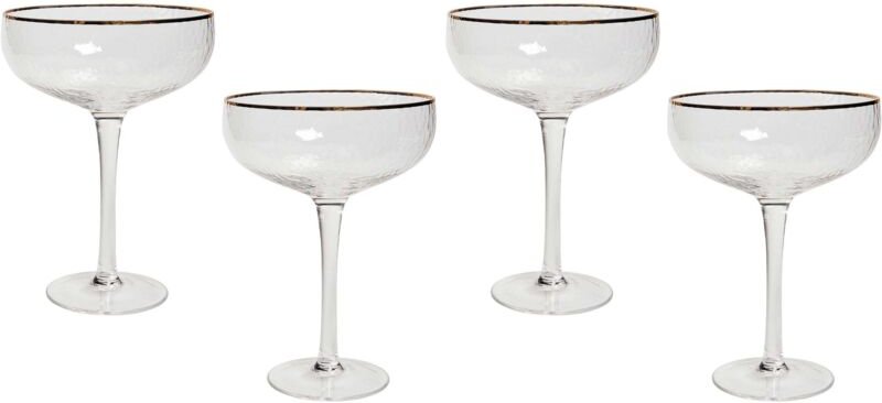 Beliani - Champagnerschalen 4er Set Transparent mit Goldrand Gehämmertes Design 450 ml 45 cl Fassungsvermögen Mundgeblas...