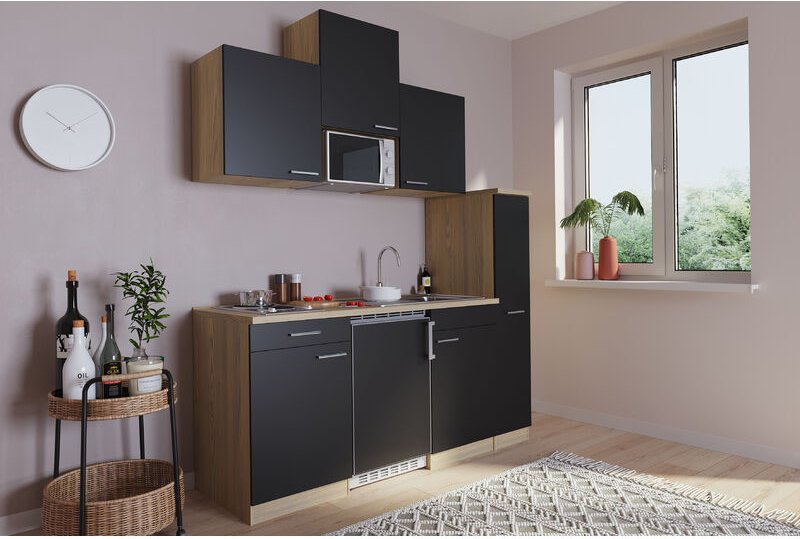 Küche Miniküche Singleküche Küchenzeile Eiche Schwarz Luis 180 cm Respekta