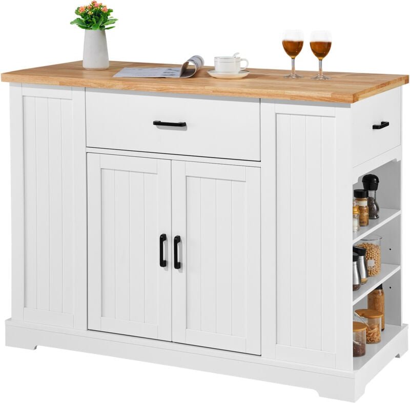 Kücheninselwagen, 46 Zoll Frühstücksbar mit Holzplatte, Aufbewahrungsschrank mit verstellbarem Regal, Schublade, Landhau...