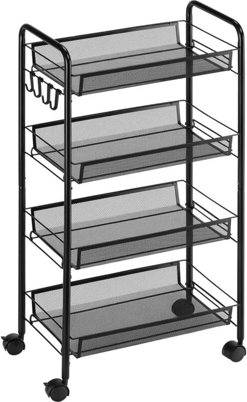 Rollwagen mit 4 Hängekörben, Servierwagen auf Rollen, fahrbar, abnehmbare Haken, Stahl, 45 x 26,5 x 84 cm, Schwarz