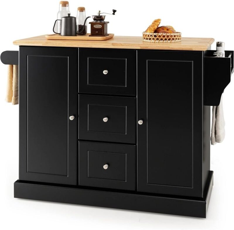 COSTWAY Küchenschrank Holz, Kücheninsel mit 5 versteckten Rollen, Küchenwagen mit Arbeitsplatte & Handtuchhalter & 3 Sch...