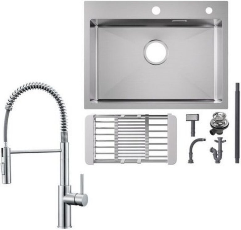 Cecipa Max - Küchenspüle aus Edelstahl 60x45cm Aufsatzwaschbecken Gebürstete + Feder-Küchenarmatur gebürstete Mit 2 Stra...