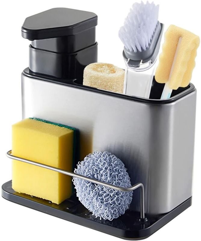 Küchenspüle-Organizer, Spülmittelspender mit Schwammhalter und Bürstenhalter, Edelstahl-Küchenspüle-Schwammhalter, multi...