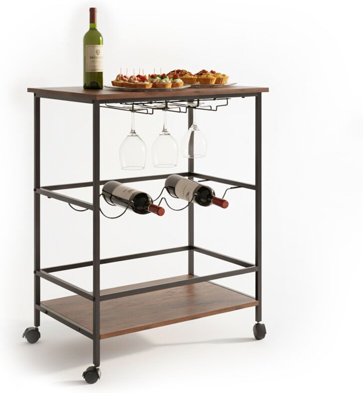 Relaxdays Servierwagen, 2 Ablagen, Weinflaschenhalter, Weinglashalter, HxBxT: 82 x 60 x 45 cm, Barwagen, braun/schwarz