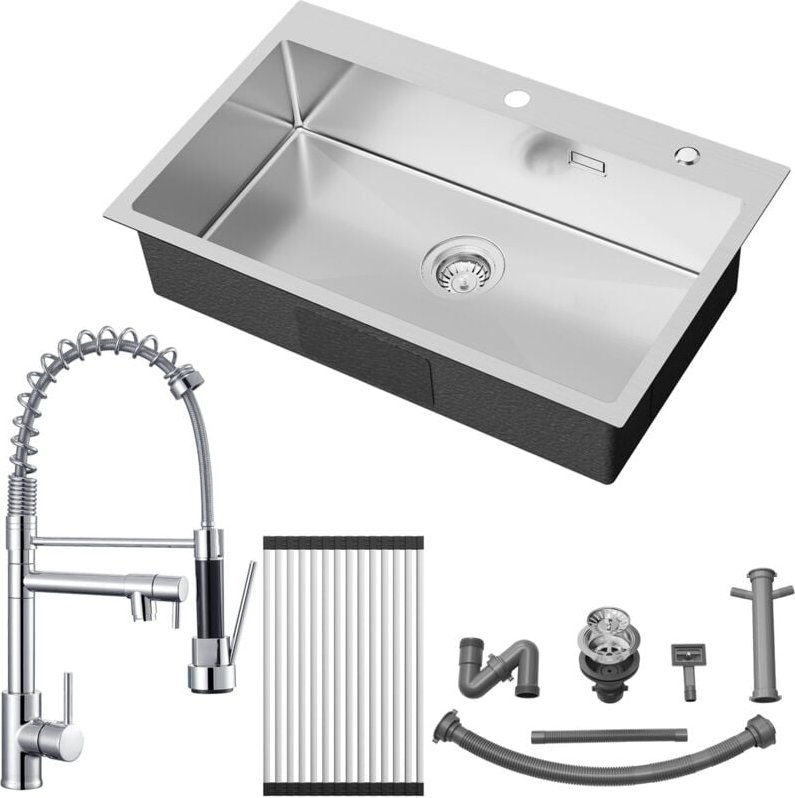 Max Edelstahl Küchenspüle 75 x 45 cm Einbauspüle + Spiralfeder Küchenarmatur mit Zwei Auslauf - Auralum