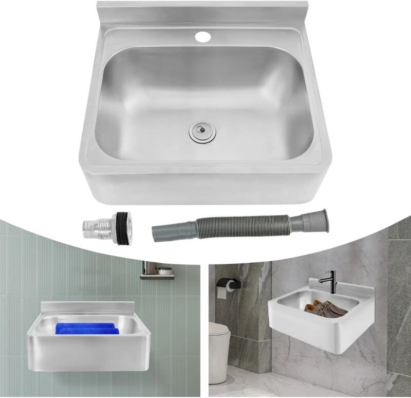 Badezimmerwaschbecken, wandmontiertes Edelstahlwaschbecken 304, wandmontiertes Waschbecken für Wohnmobile, Bars, Hotels,...
