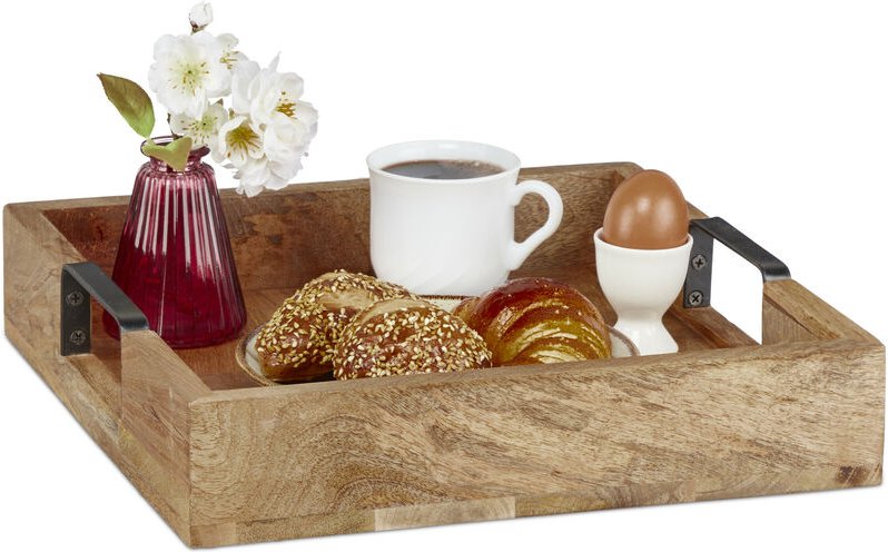 Tablett, Serviertablett aus Mangoholz, HxBxT: 7,5 x 35 x 35 cm, Holztablett mit Griffen, Dekotablett, natur - Relaxdays