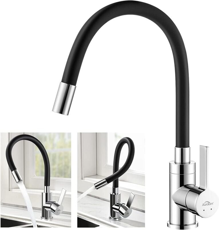 Kaibor - Auralum Hochdruck Küchenarmatur Schwarz, flexibler 360° Drehbar Wasserhahn Küche Spültischarmatur mit Wasserspa...