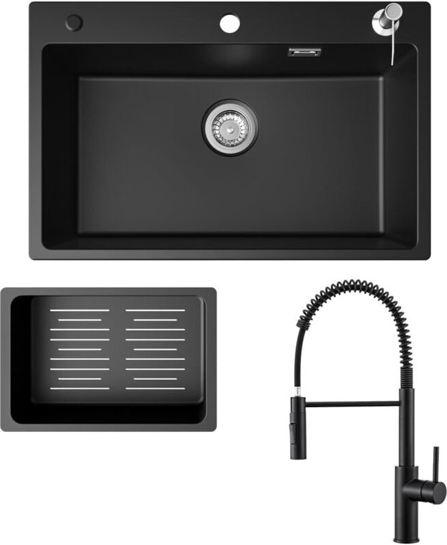 Cecipa Max - Küchenspüle 70x45cm Granitspüle Anthrazitschwarz Mit Seifenspender + Feder-Küchenhahn Schwarz Mit 2 Strahla...