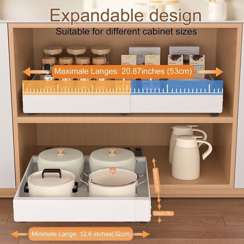 Ausziehbare Teleskop-Küchenschublade: Schrank-Organizer mit verstellbarer Breite (32–50 cm b x 43 cm t x 7 cm h) – Kein ...