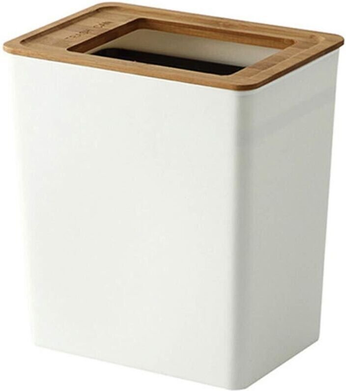Ultradünner Kunststoffeimer, rechteckiger 7,5-Liter-Abfalleimer mit offenem Bambusdeckel für Bad, Küche, Homeoffice