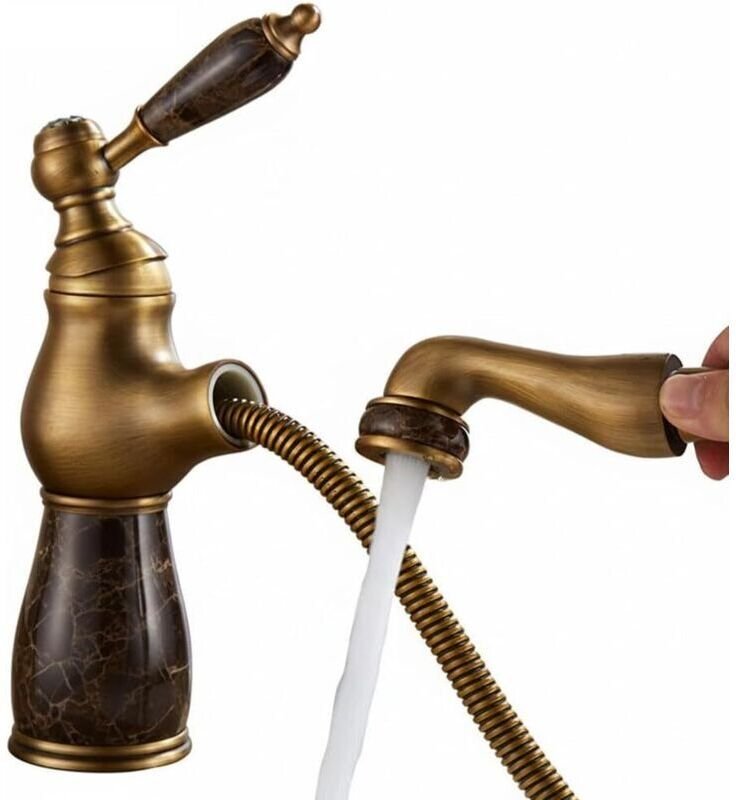 Einloch-Waschtischarmatur zur Deckmontage mit ausziehbarer Brause, Warm- und Kaltwasserhahn (Braun, kurze Antik-Optik)