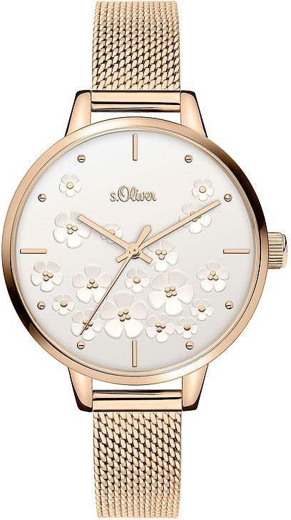 s.Oliver Damenuhr mit dreidimensionalem Blumenprint SO-3838-MQ Metall