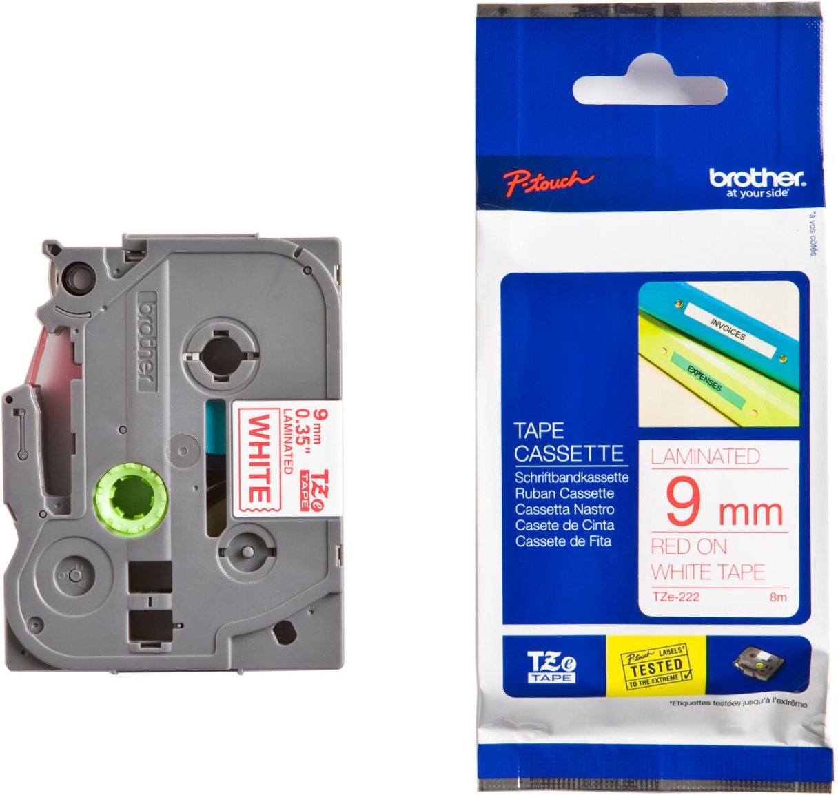 Brother TZe 222 - Laminiertes Band - Rot auf Weiß - Rolle (0,9 cm x 8 m) - 1 Rolle(n) - für P-Touch GL-H105, PT-1080BTS,