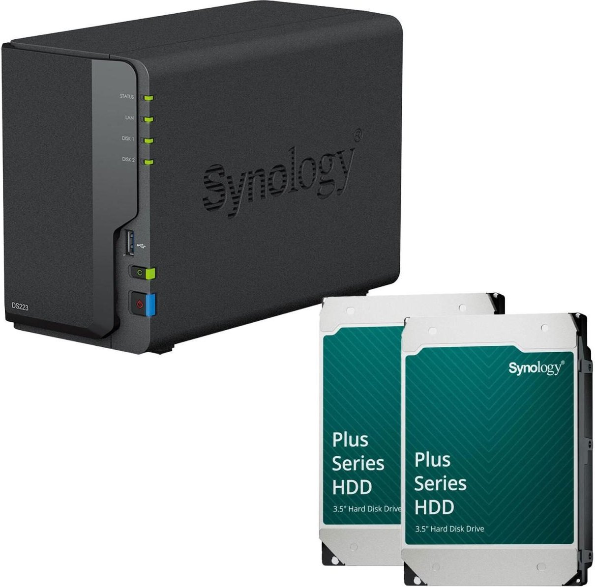 Synology DiskStation DS223 2 Einschübe NAS-Server Leergehäuse + 2x Synology Plus 3.5" SATA 6Gb/s Festplatte 8 TB (16TB)