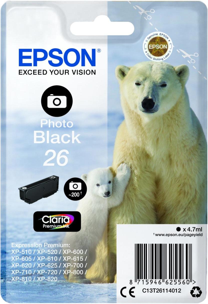 Epson Original 26 Eisbär Druckerpatrone fotoschwarz 200 Seiten 4,7ml (C13T26114012)