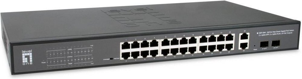 LevelOne Switch Web Smart 28 Gigabit Ethernet-Ports mit 24 PoE-Ports 375W, 2 Uplink Gigabit SFP, 2 Uplink Gigabit Ports