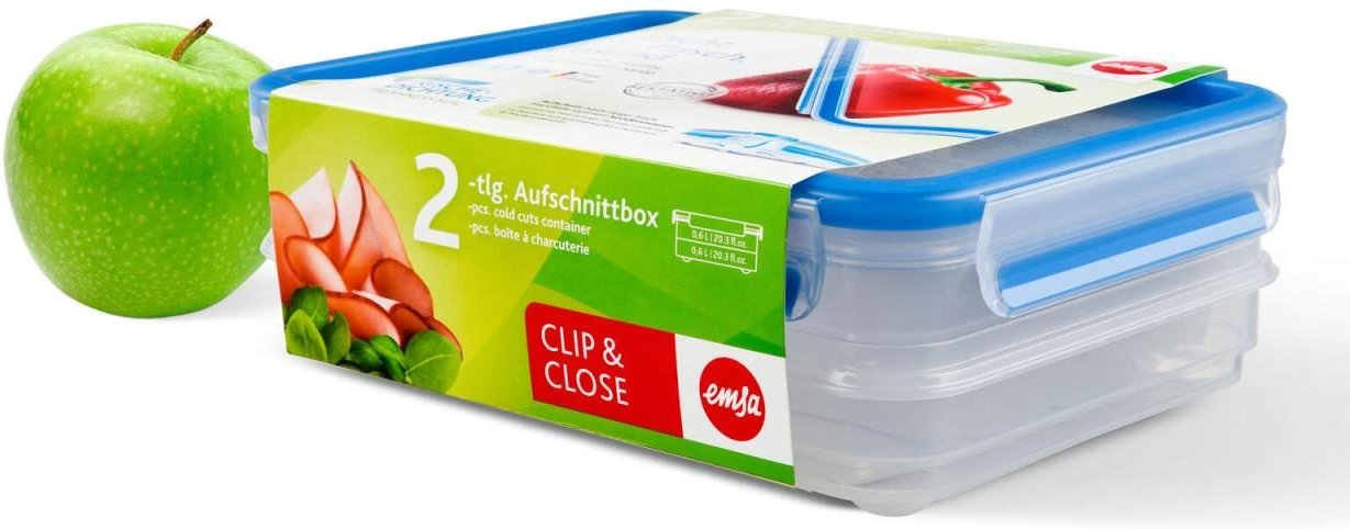 emsa Frischhaltedosen CLIP & CLOSE 7.7 cm hoch 2x 0,6 l transparent, blau