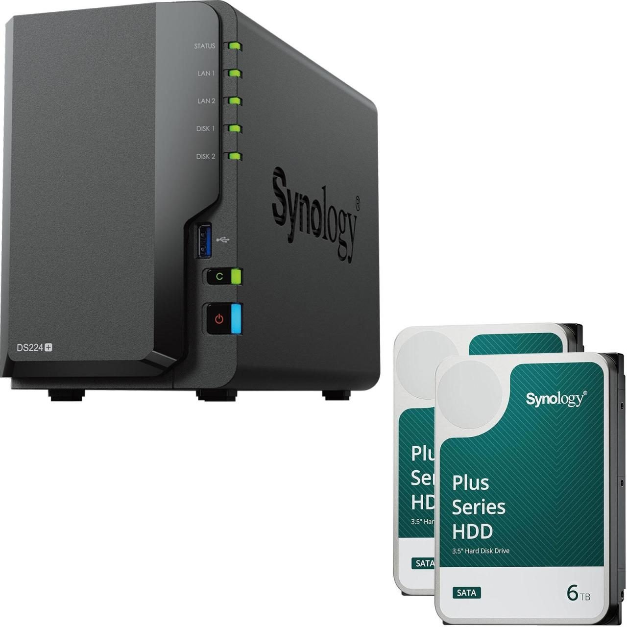 Synology DiskStation DS224+ 2 Einschübe NAS-Server Leergehäuse + 2x Synology Plus 3.5" SATA HDD Festplatte 6TB (12TB)
