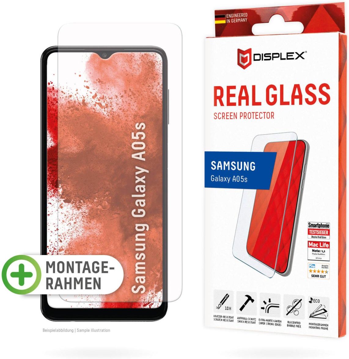 DISPLEX Panzerglas (10H, 2D) für Samsung Galaxy A05s, Eco-Montagerahmen, kratzer-resistent