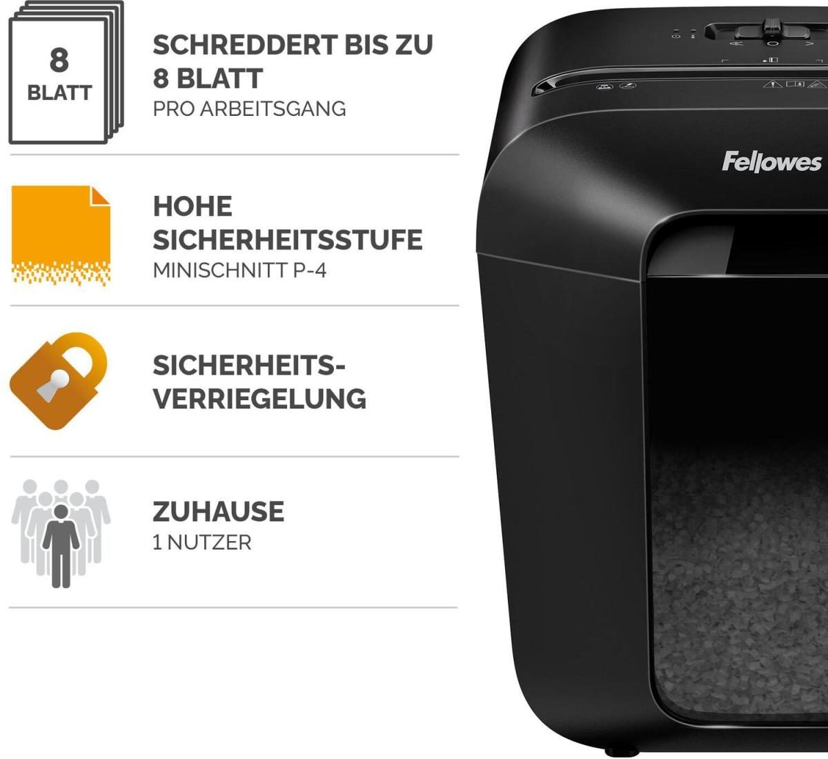 Fellowes Powershred LX41 Aktenvernichter mit Partikelschnitt bis 8 Blatt schwarz