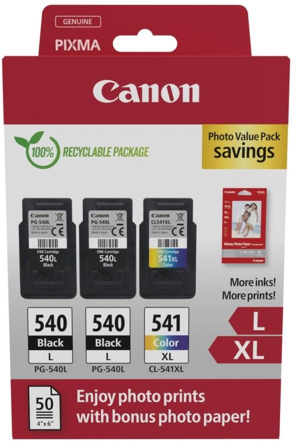 Canon Original PG-540L + CL-541XL Druckerpatronen Valuepack - 2 x schwarz / 1 x farbig + 50 Blatt Fotopapier (5224B015)