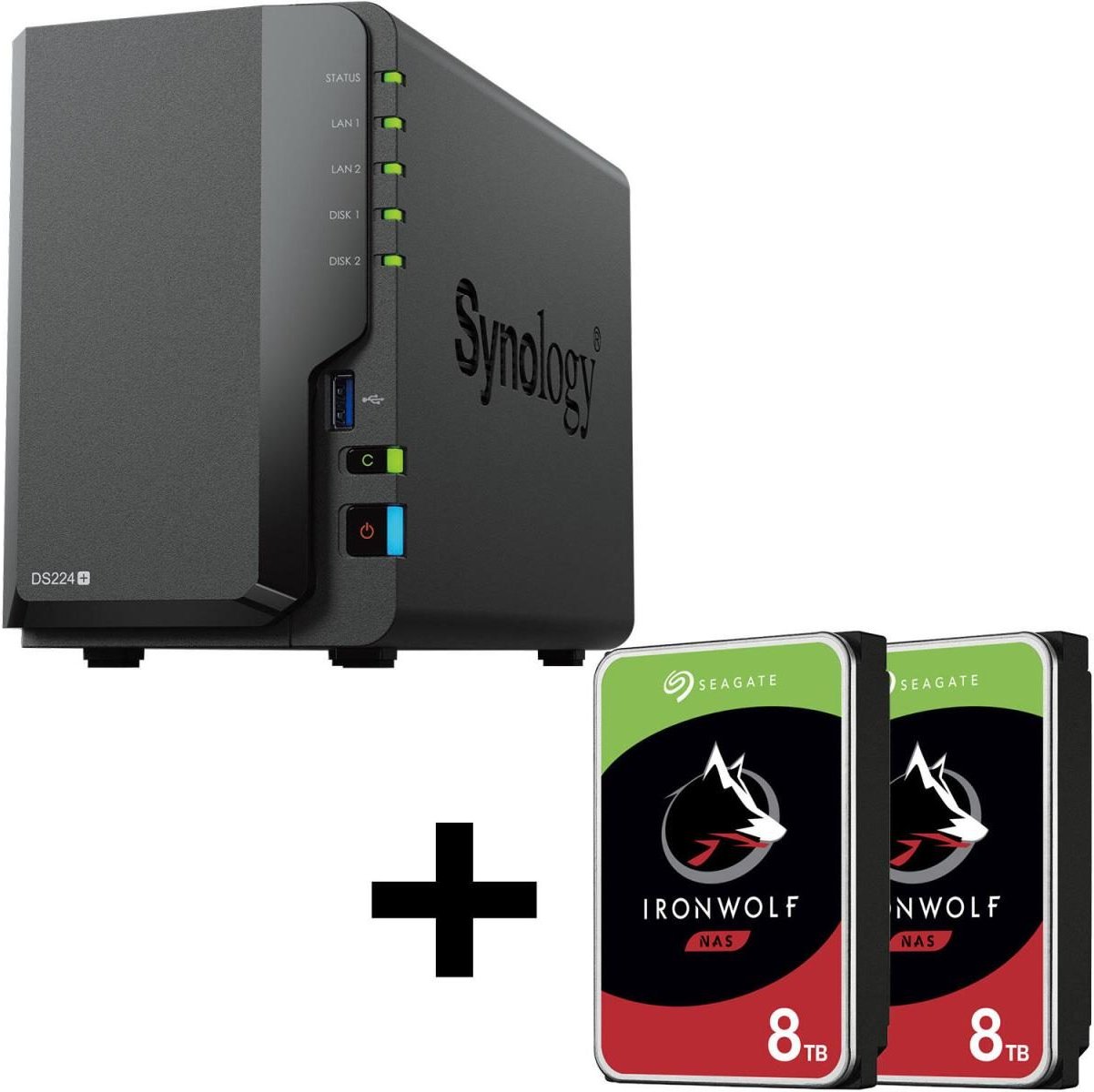 Synology DiskStation DS224+ 2 Einschübe NAS-Server Leergehäuse + 16TB (2x8TB) Seagate Ironwolf SATA 3.5" HDD Festplatten