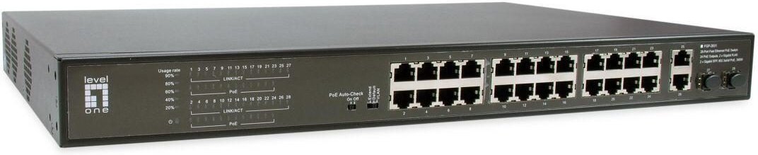Thumbnail - LevelOne Switch 28 Fast Ethernet-Ports mit 24 PoE-Ports 270W 2 Gigabit-Ports, 2 Gigabit SFP (FGP-2831)