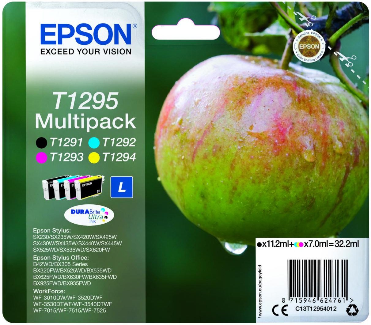 Epson Original T1295 Apfel Druckerpatronen 4er Multipack BK/C/M/Y (C13T12954012)