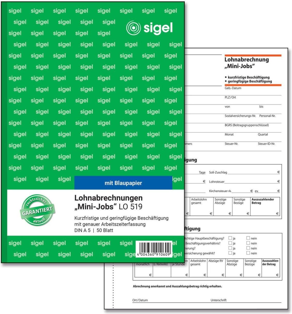 SIGEL Formularbuch Lohnabrechnung für geringfügig/kurzfristig Beschäftigte DIN A5 1x 50 Seiten