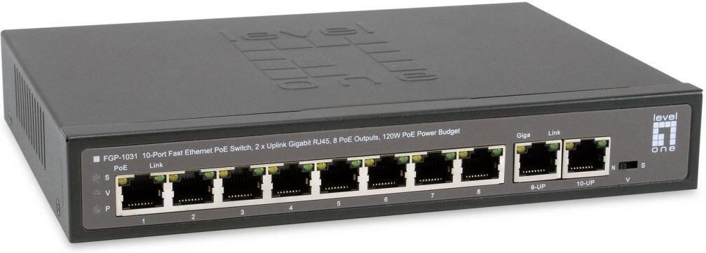 LevelOne Switch 10 Fast Ethernet-Ports mit 8 PoE-Ports 120W 2 Uplink Gigabit-Ports (FGP-1031)