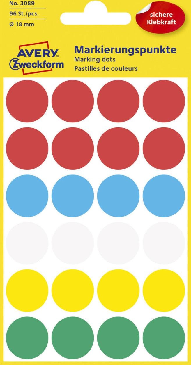 AVERY Zweckform Klebepunkte Ø 18,0 mm rot, weiß, grün, blau, gelb