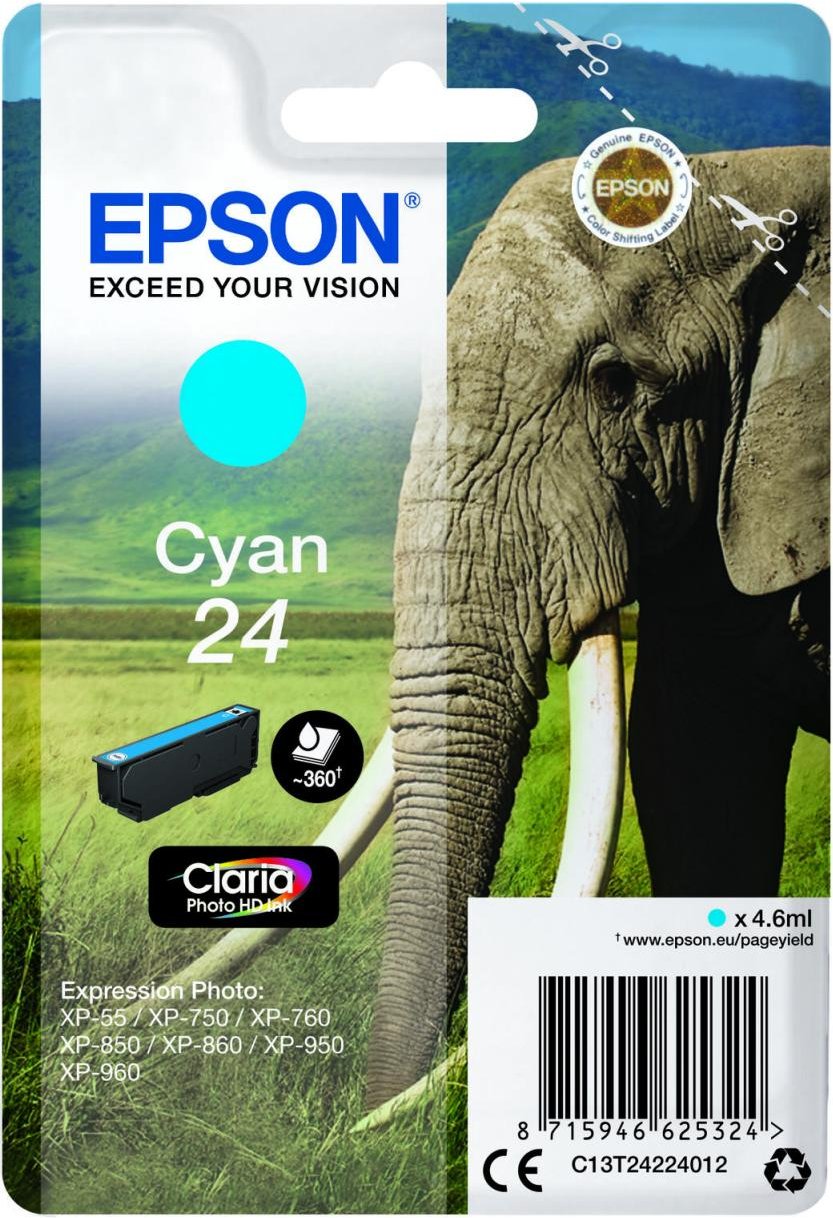 Epson Original 24 Elefant Druckerpatrone cyan 360 Seiten 4,6ml (C13T24224012)