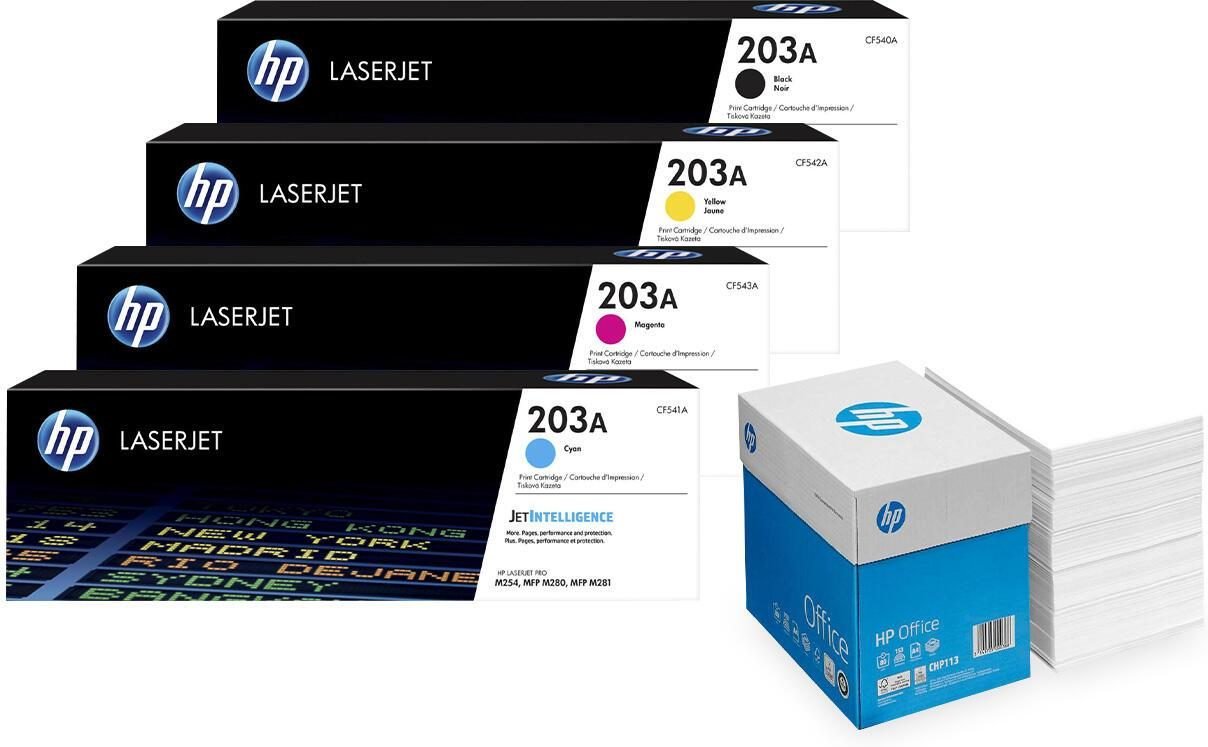 Bundle mit HP Original 203A Toner 4er Multipack + 2.500 Blatt HP Kopierpapier hochweiß