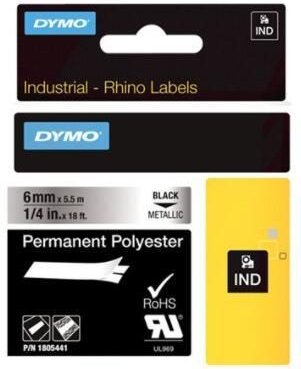 DYMO® Original IND-Schriftband für Rhino™ Permanent Polyester 6mm x 5,5m - schwarz auf metallic