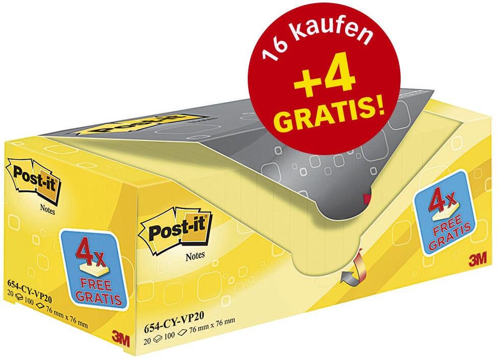 Post-it® Haftnotizen 7,6 x 7,6 cm, 16 Blöcke + GRATIS 4 Blöcke