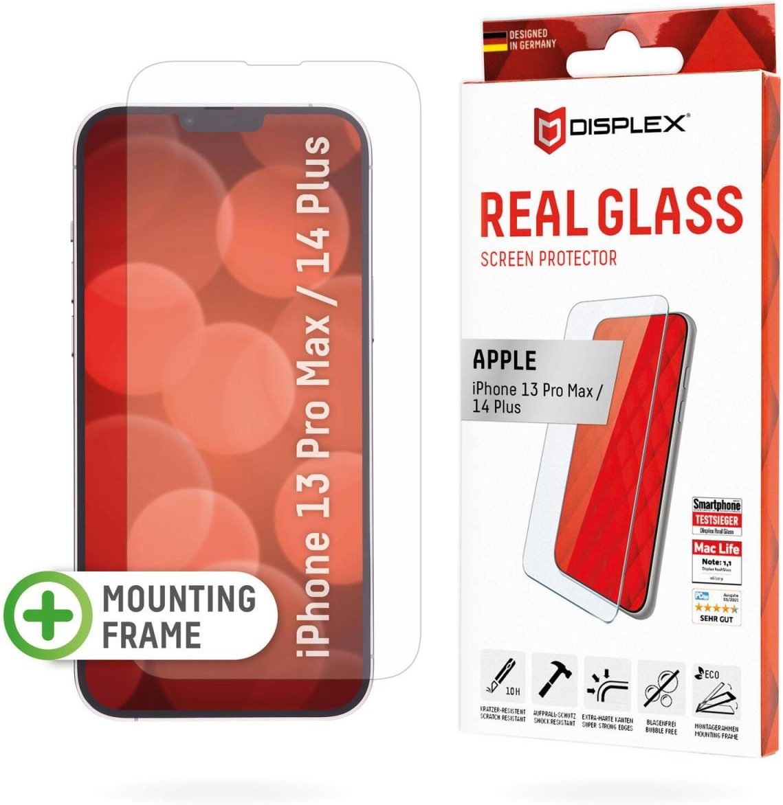 DISPLEX Panzerglas (10H, 2D) für Apple iPhone 13 Pro Max/14 Plus, Eco-Montagerahmen, kratzer-resistent