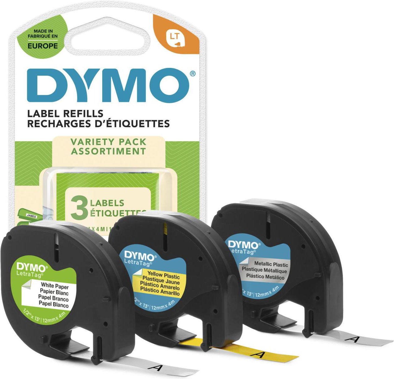 DYMO® Original Schriftbänder für LetraTag, schwarz auf je 1 x Papier weiss, Plastik gelb, Plastik silbermetallic
