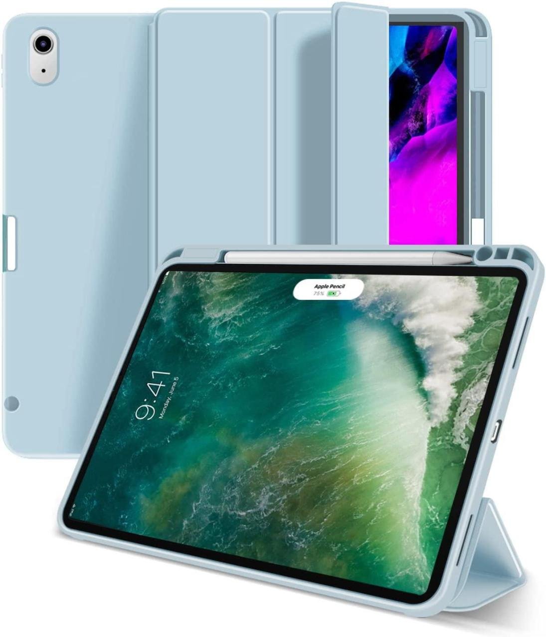 eSTUFF Miami Pencil Case für das iPad der 10. Gen. 2022 & 11. Gen. 2025 (10.9") - Sky Blue PU leather/Clear (Bulk)