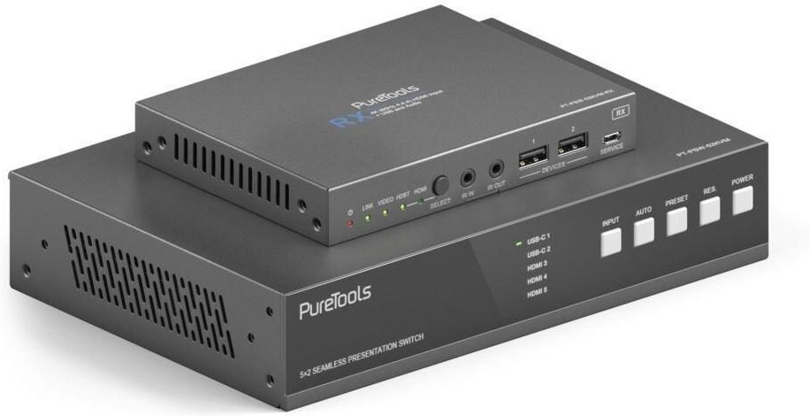PureTools - 18Gbps USB-C KVM-Switcher mit Dante und Multiview, 4K (60Hz 4:4:4) über USBC / HDMI+USB, inkl. Multiview und