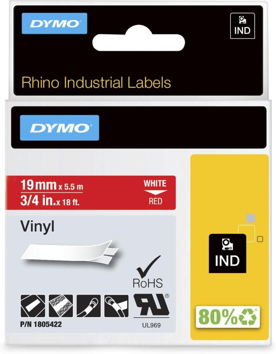 DYMO® Original IND-Schriftband für Rhino, farbiges Vinyl - weiss auf rot