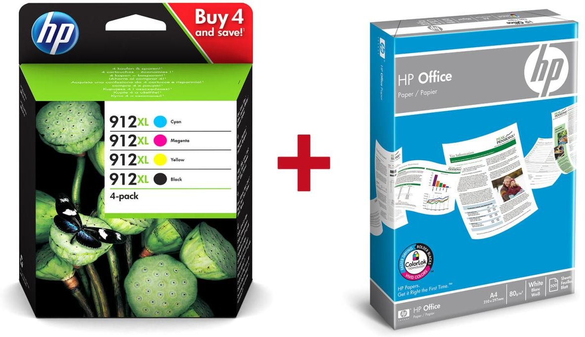 Druckerpatronen Bundle mit HP Original 912XL Multipack + 500 Blatt HP Kopierpapier