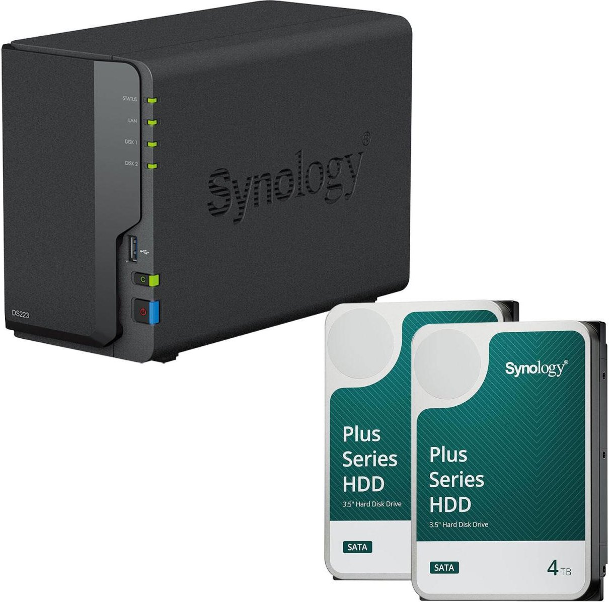Synology DiskStation DS223 2 Einschübe NAS-Server Leergehäuse + 2x Synology Plus 3.5" SATA 6Gb/s Festplatte 4 TB (8TB)