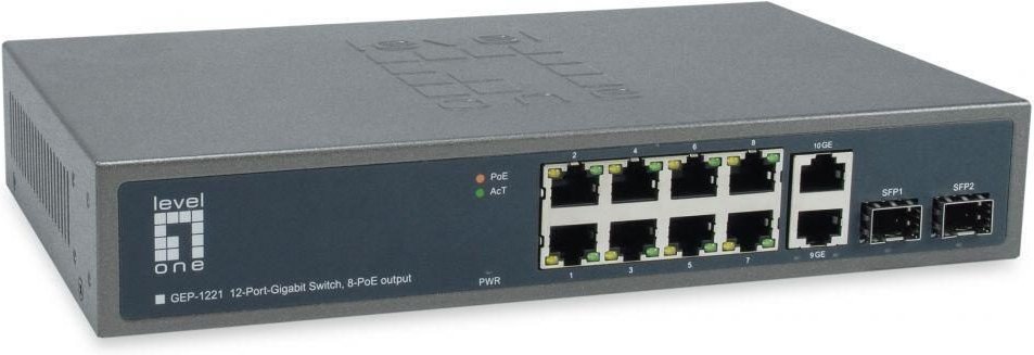 LevelOne Switch 12 Gigabit Ethernet-Ports mit 8 PoE-Ports 150W, 2 Gigabit-Ports, 2 Gigabit SFP (GEP-1221)