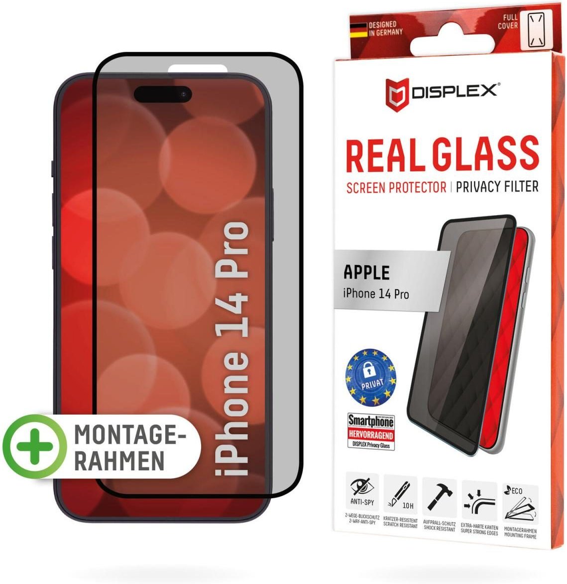 DISPLEX Privacy Panzerglas (10H) für Apple iPhone 14 Pro, Eco-Montagerahmen, Privacy Filter