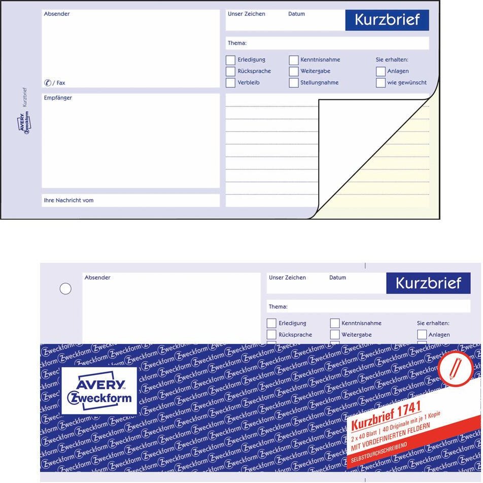 Thumbnail - AVERY Zweckform Formularbuch Kurzbrief 1/3 DIN A4 2x 40 Seiten