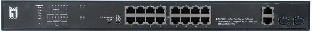 LevelOne Switch 20 Fast Ethernet-Ports mit 16 PoE-Ports 270W 2 Gigabit-Ports, 2 Gigabit SFP (FGP-2031)
