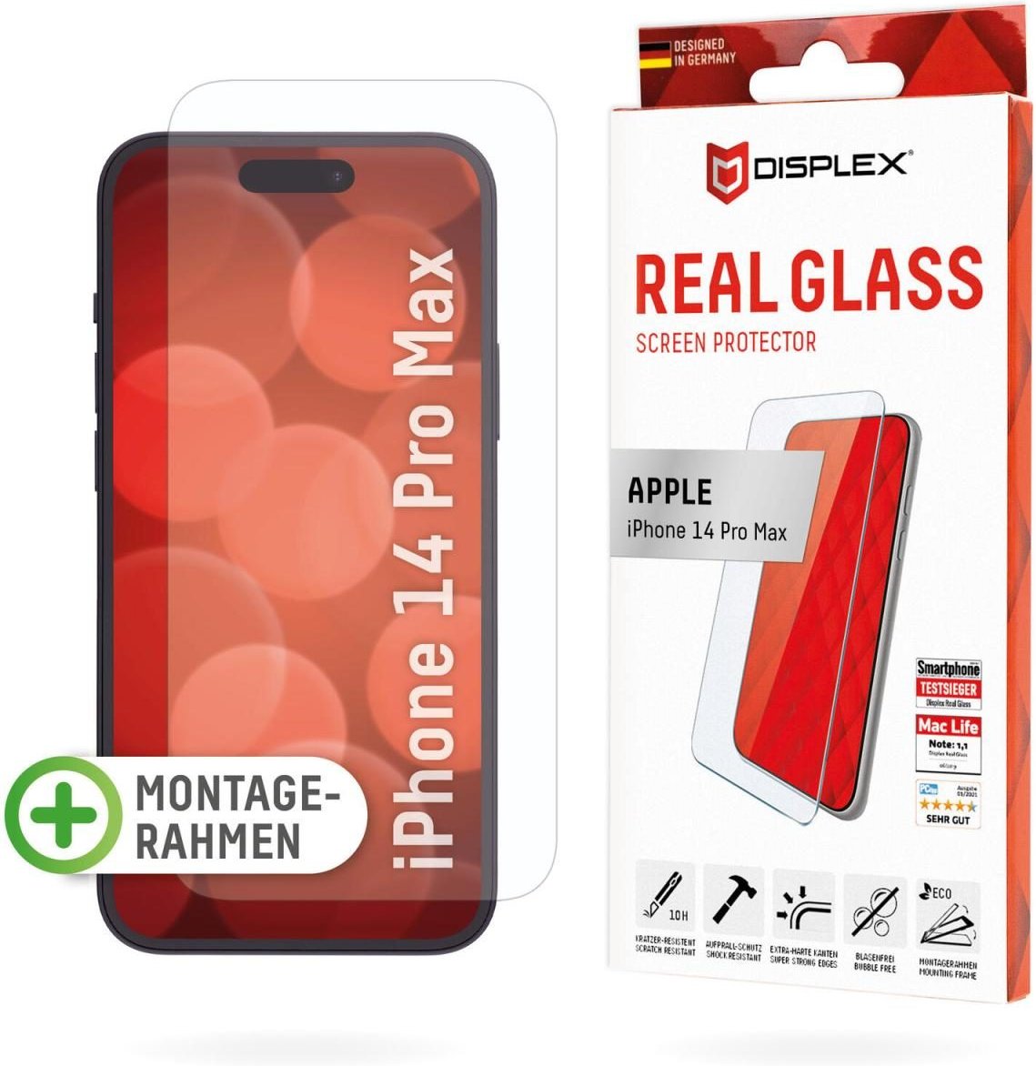 DISPLEX Panzerglas (10H, 2D) für Apple iPhone 14 Pro Max, Eco-Montagerahmen, kratzer-resistent