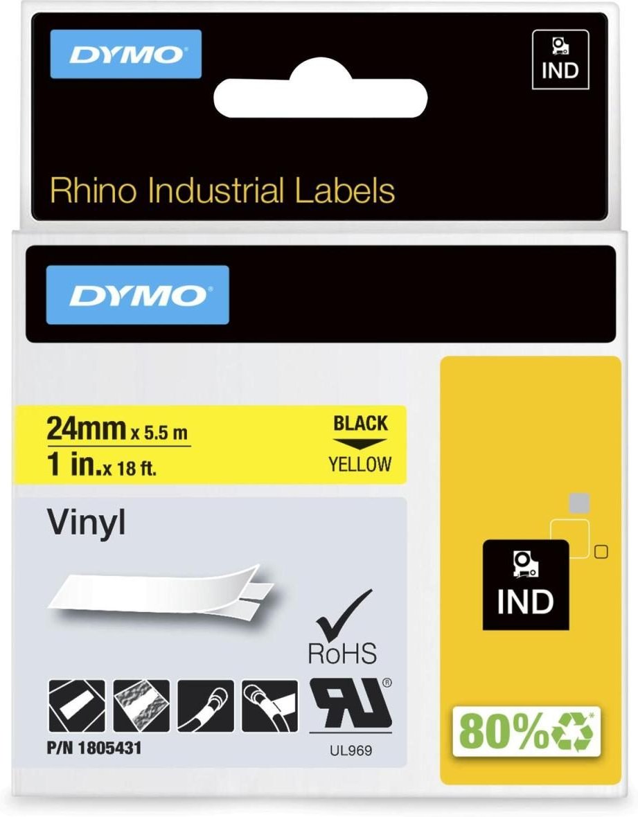 DYMO® Original IND-Schriftband für Rhino 6000+, farbiges Vinyl - schwarz auf gelb