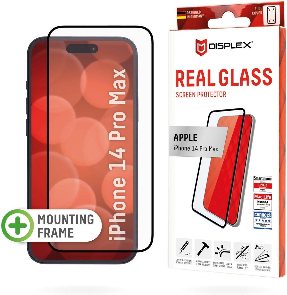 DISPLEX Panzerglas (10H) für Apple iPhone 14 Pro Max, Eco-Montagerahmen, Full Cover